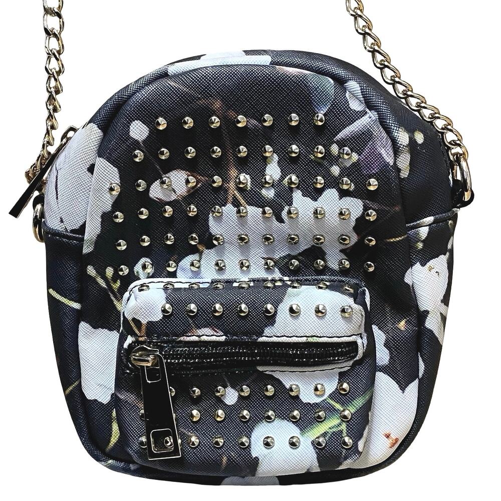 Lionel Women's Black Studded Floral Chain Crossbody Satchel Pouch Handbag OS